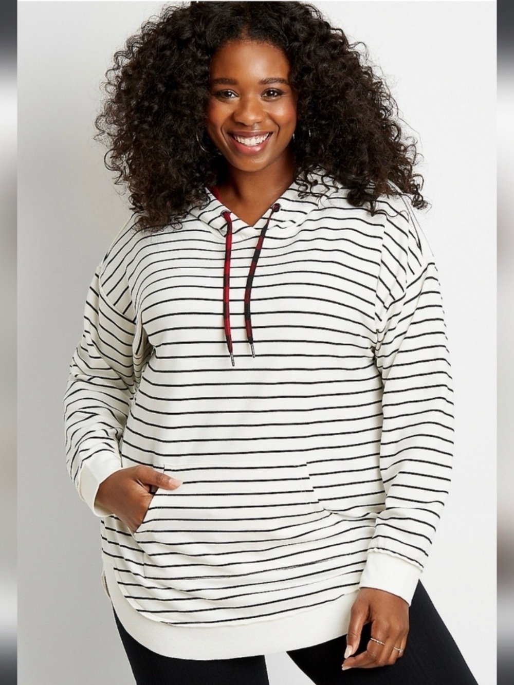 Maurices Plus White and Black striped Pullovet Hoodie